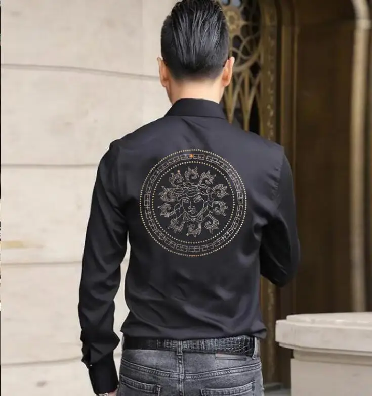 Diamonds  Anime  Graphic  Shirts Men long Sleeve Rhinestones  Fashion Mens  Streetwear Casual Blouse