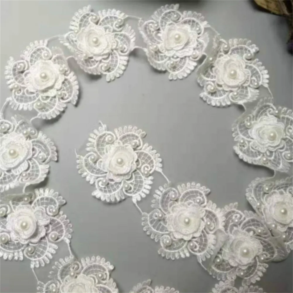 3 Yard wide 7.5cm 3D white flower lace ribbon sewing craft accessories Wedding dress accessories LT02