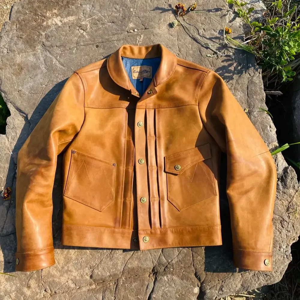 

Tailor Brando S-028 This Batch Only! Italian Vegetable Tanned Leather Union Uncoated Water Dyed Leather Vintage Trucker Jacket