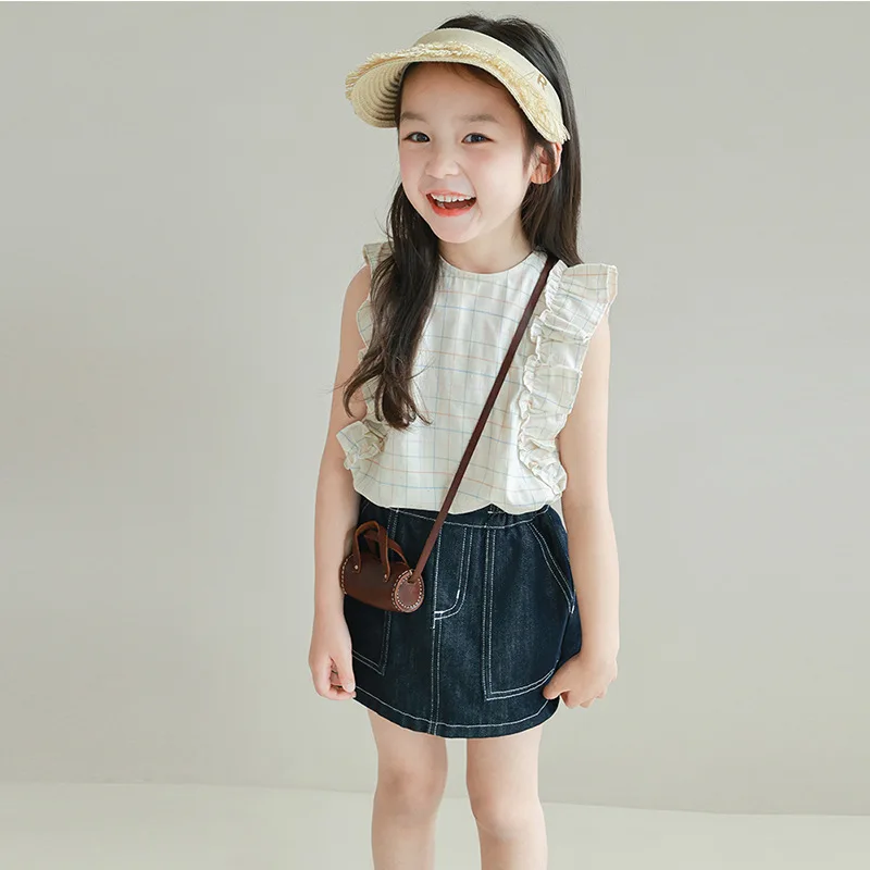 

Baby Girl Top Baby Baby Summer Lace Sleeveless Plaid Doll Shirt Top Girls Wear Outside Girl Tops Crew-neck Vest Base Tops