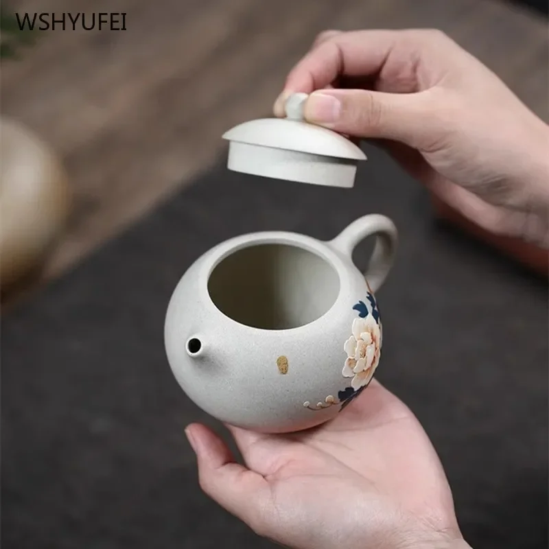 250ml Yixing Purple Clay Pot Handmade teapot Tea set Original ore white jade section mud hand painted peony Western Shi pot