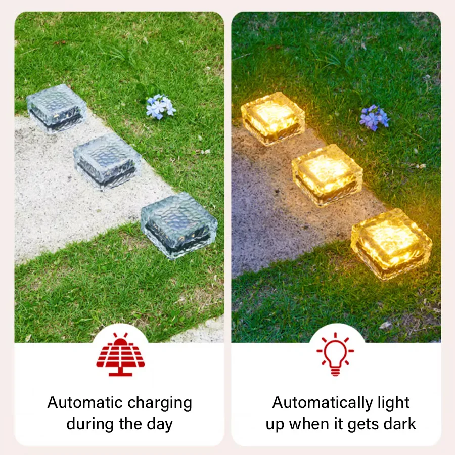 IP68 Waterproof LED Outdoor Solar Power Ground Light LED Ice Brick Lamp Imitation Glass Yard Driveway Garden Decor Buried Light