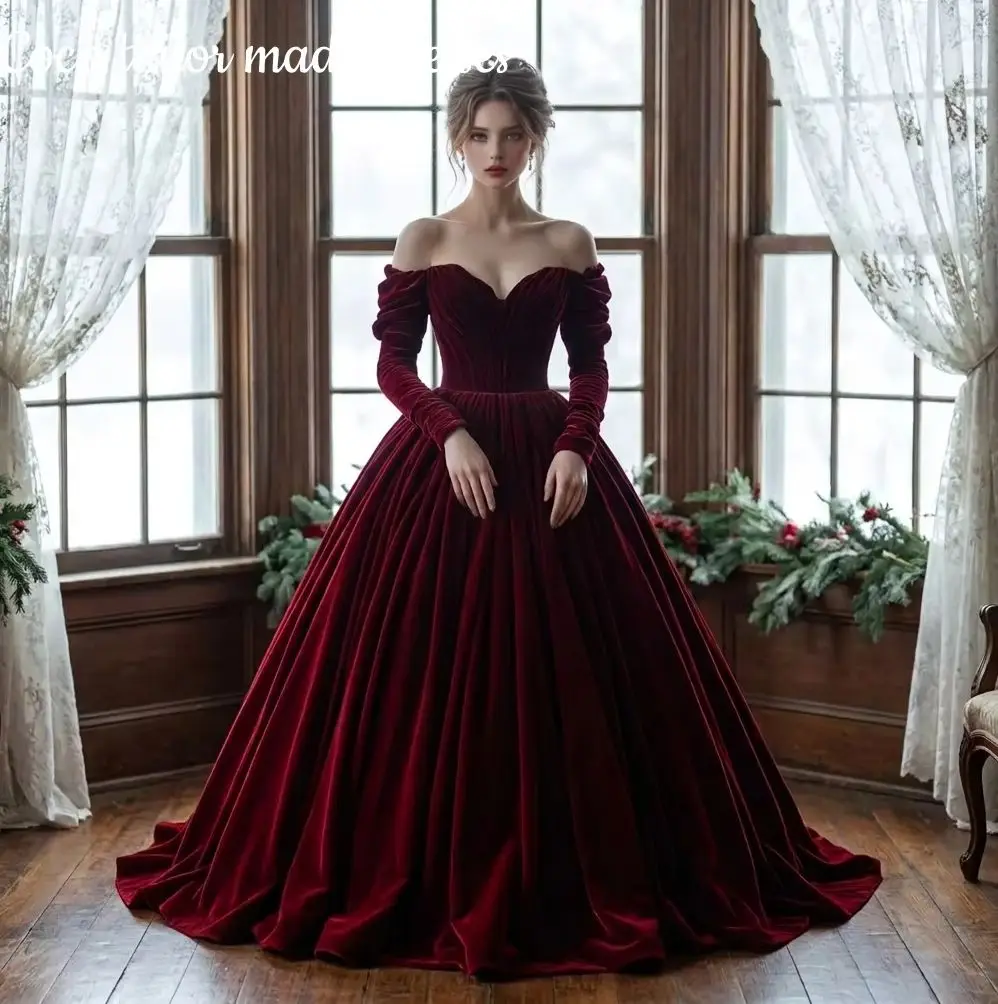 Vintage Victorian Burgundy Ball Gown Prom Dress Off-Shoulder Long Sleeves Sweetheart Evening Gowns Formal Dresses Customized