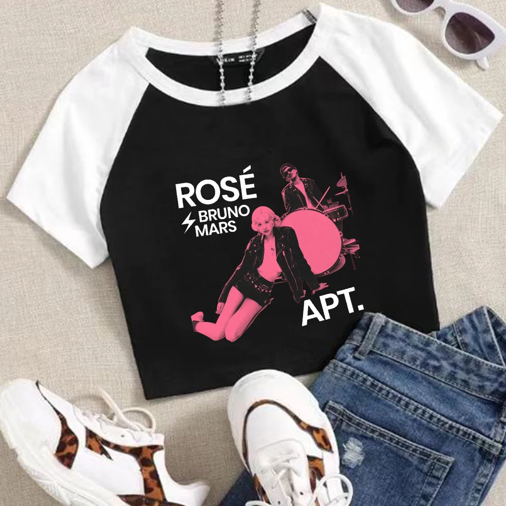 Rose Rosie APT. Bruno Mars Girls Crop Shirts Color blocked short sleeves O-Neck Top