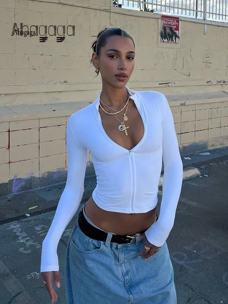

Ahagaga Fashion Sexy Women T Shirts Streetwear Regular Casual Solid Zipper Long Sleeve Blusas Slim Bodycon Elegant Tees Female
