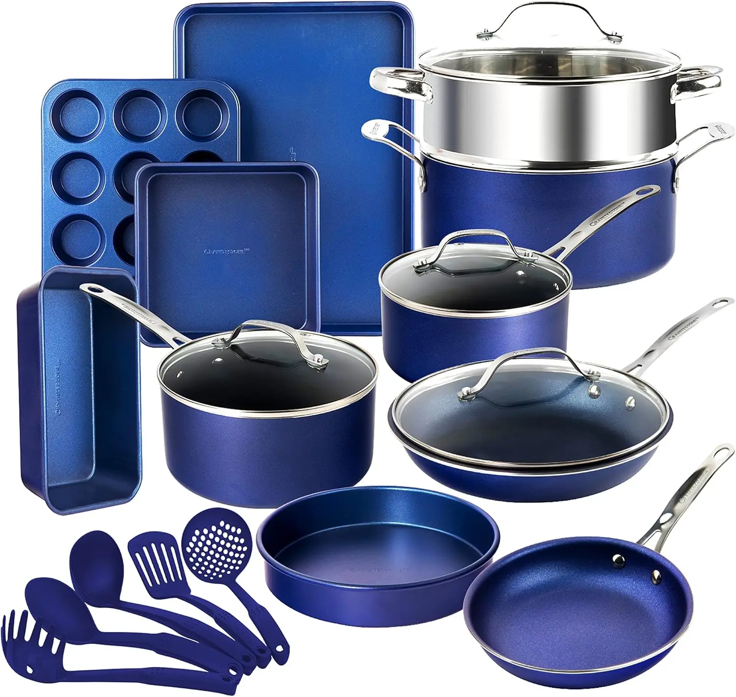 

Ultra Nonstick Durable Mineral & Diamond Coating 100% PFOA PFAS Free Cookware, Metal Utensil Oven & Dishwasher Safe-Blue