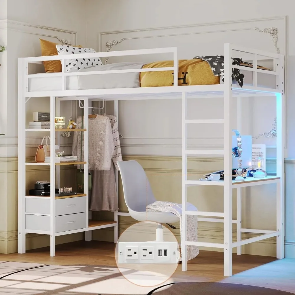 

Twin Loft Bed with Desk & Charging Stations&Led Lights,LED Metal Loft Bed Frame with Drawers&Clothes Rail, Safety Guard & Ladder