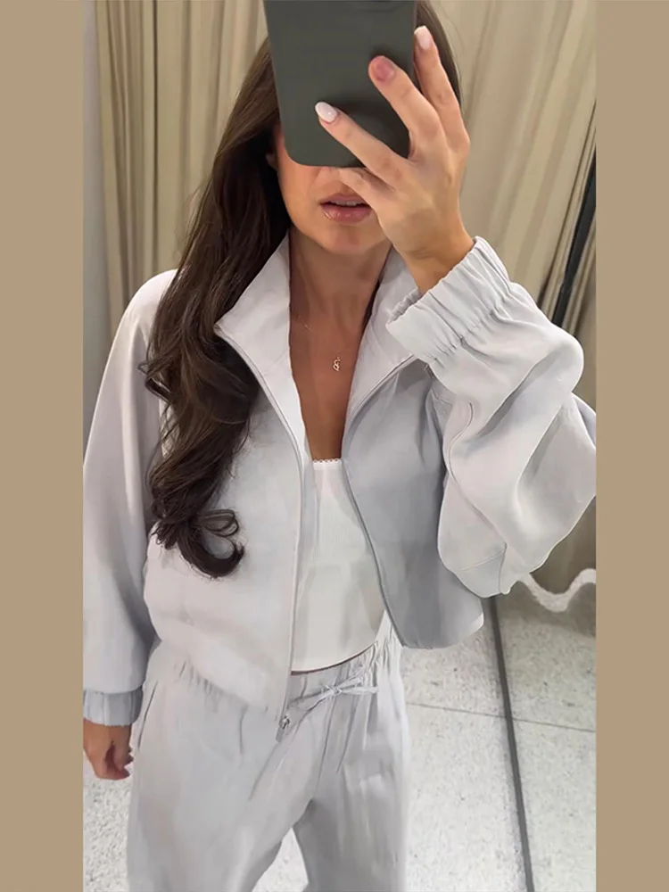 Damen-Hosenanzug 2-teilig mit Stehkragen, Laternenärmeln, Kurzmantel und Weiten Hosen, Modische Streetwear für Damen, Neu – Detail 13