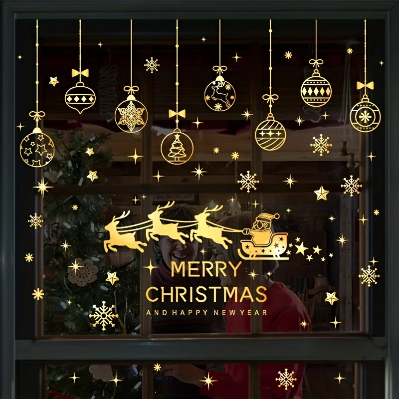 Goldene Weihnachtsgirlande, Fensteraufkleber, Weihnachtsdekoration für Zuhause, Einkaufszentrum, Vitrine, Glastür, Aufkleber, Schneeflocke, Weihnachten