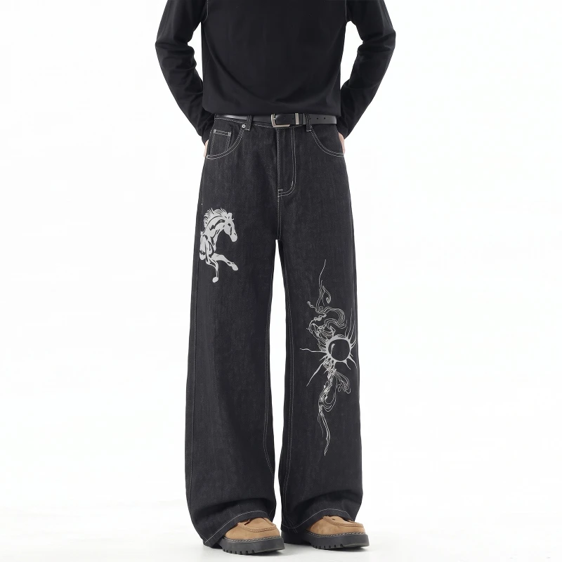 American High Street Printed Original Cow Jeans Men's Women's Loose Wide-leg Straight Trousers  Slightly Elongated Trousers