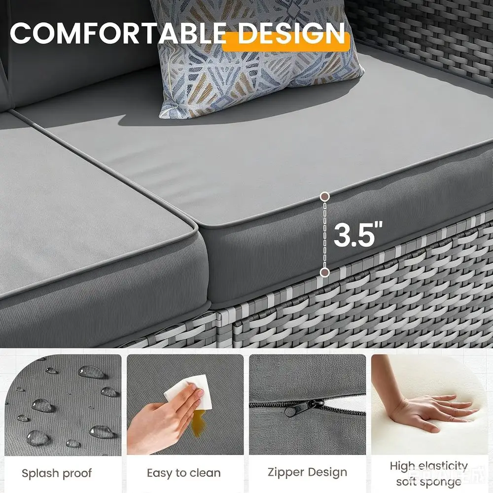 7-Piece PE Wicker Sectional Sofa Set with Tea Table, Waterproof Outdoor Patio Furniture for Garden and Backyard (Grey Cushions,