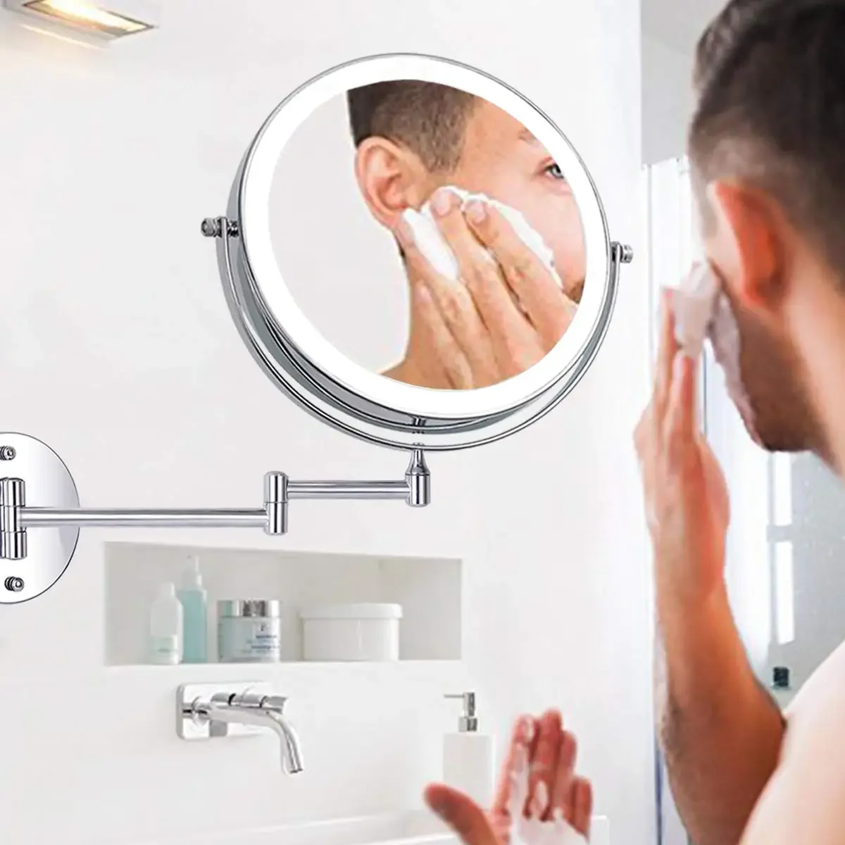 8 Inch Wall Mounted Bathroom Makeup Mirror, USB Rechargeable LED 3 Color Lights Two Sided 1X/10X Magnifying Mirror Touch Switch