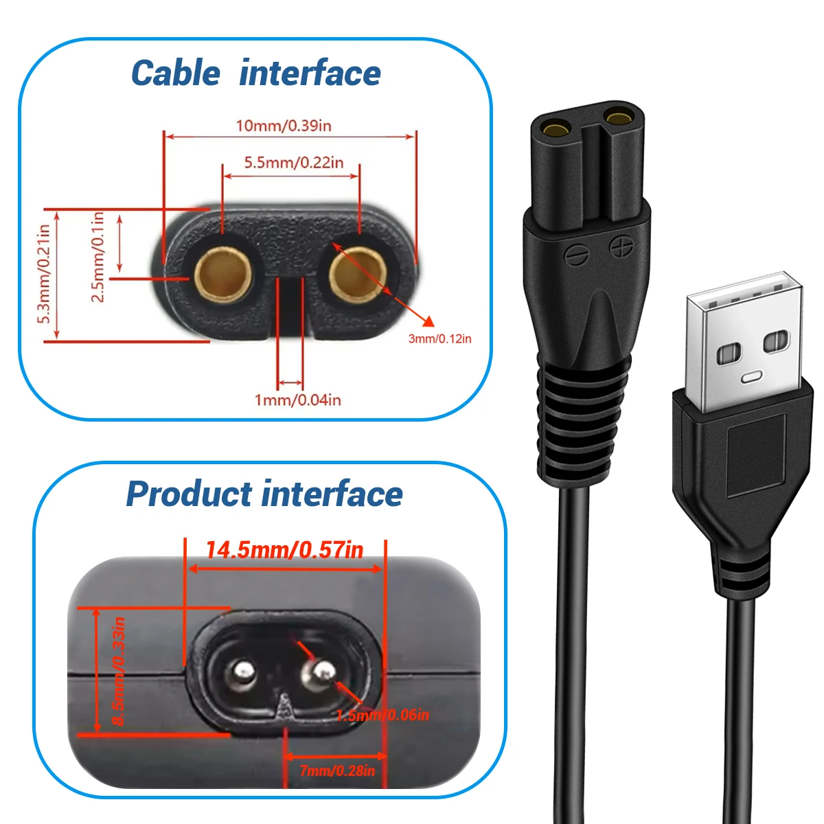 USB 2-Prong Shaver Charging Cable Suitable for FS373, FS372, FS339, FS871, and Other Models with Dual-Hole Groove Connectors