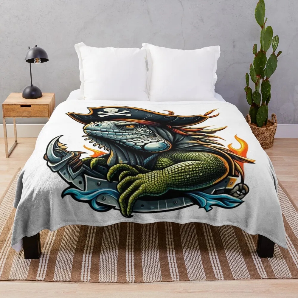 Swashbuckling Iguana Pirate: A Fiery Fantasy Illustration Throw Blanket Beautifuls For Baby Blankets