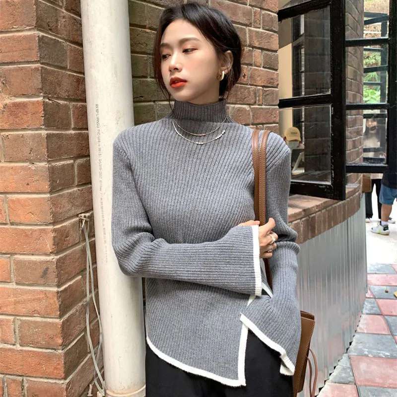 Xpqbb Women\'s Turtleneck Sweater and Pullover Fashion Side Slit Asymmetrical Knitted Sweaters Korean Slim Streetwear Jumpers