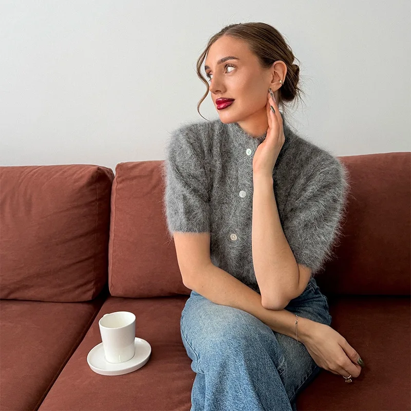 Damen-Strickwaren Plüsch Kurzarm Strickjacke Herbst O-Ausschnitt Einreihig Einfarbig Weiche Strickjacken Schicke Damen-Oberteile – Detail 1