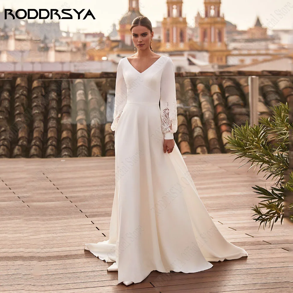 

RODDRSYA Soft Satin V-Neck Wedding Dresses For Woman Long Sleeves A-Line Bride Gowns Lace Button Back Simple Robe De Mariée