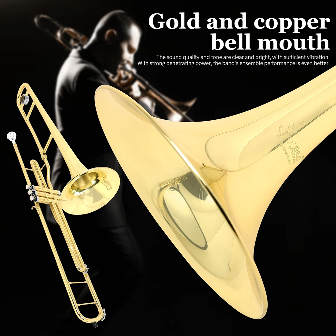 SLADE 3-Key Trombone Gold B Flat Brass Plated Trombone Brass Instrument with Mouthpiece Gloves Cleaning Kit for Students Perform