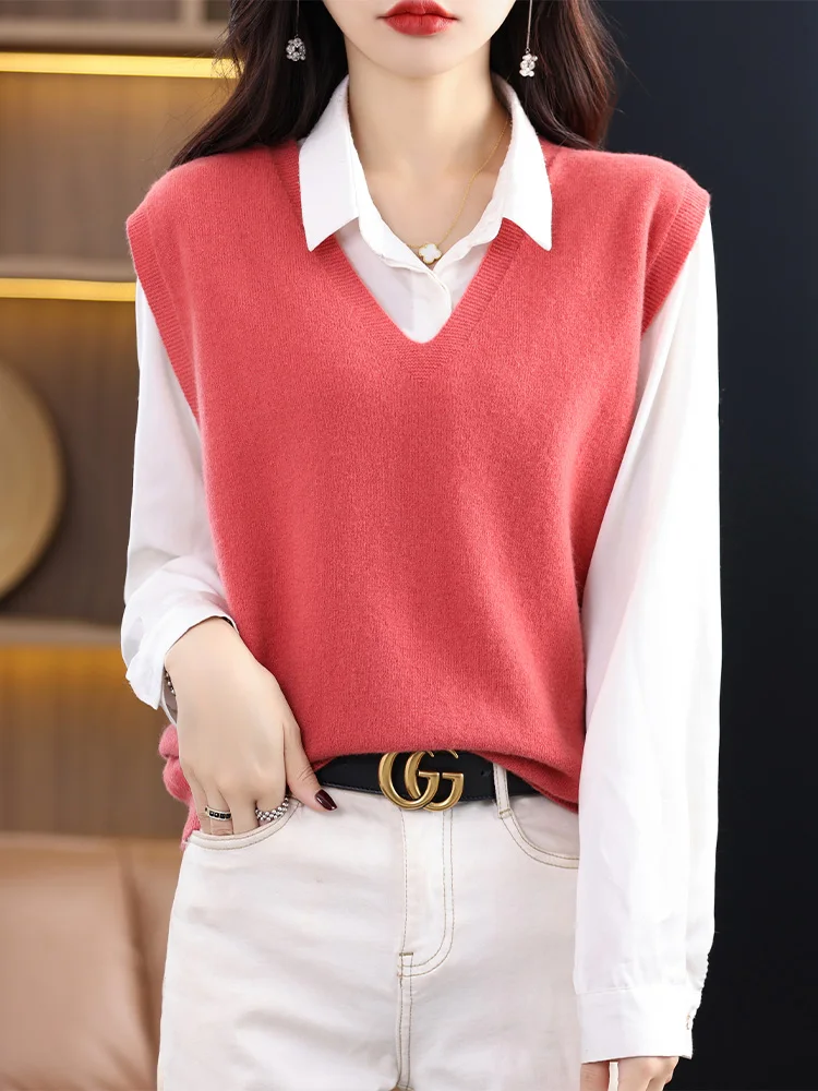 V-neck 100% Merino Wool Pullover Sweater Vest Women Autumn Winter Soild Sleeveless Thickened Versatile Cashmere Knited Waistcoat