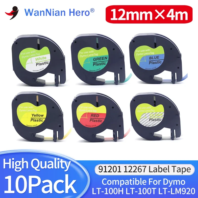 10pc 91331 91201 91200 12267 12mm Multicolor Plastic Label Tape Compatible Dymo LetraTag Label Maker 91202 Paper Tape For LT100H