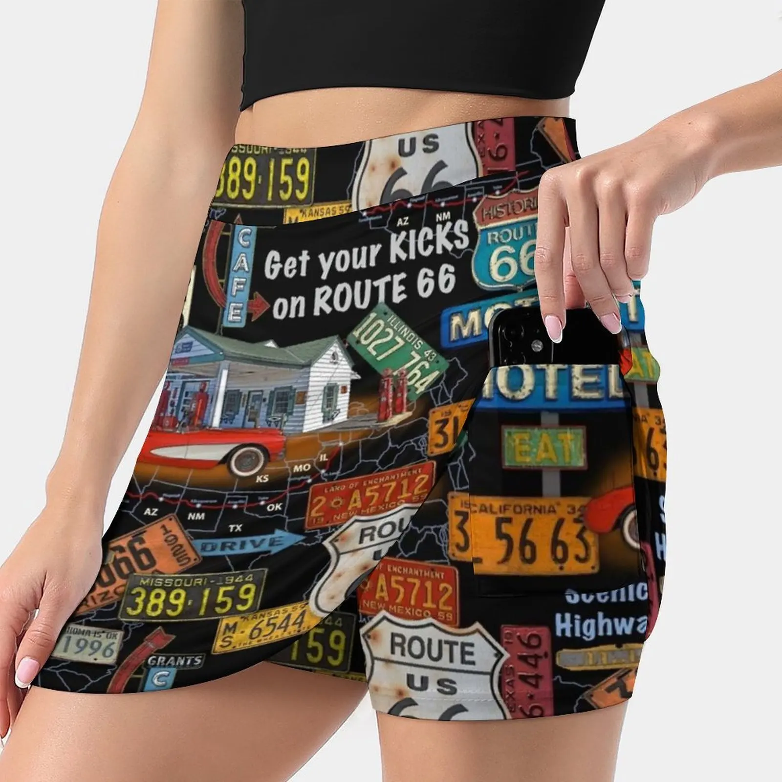 Route 66-Jp3934 Women's skirt With Pocket Vintage Skirt Printing A Line Skirts Summer Clothes Route 66 Jean Plout Car