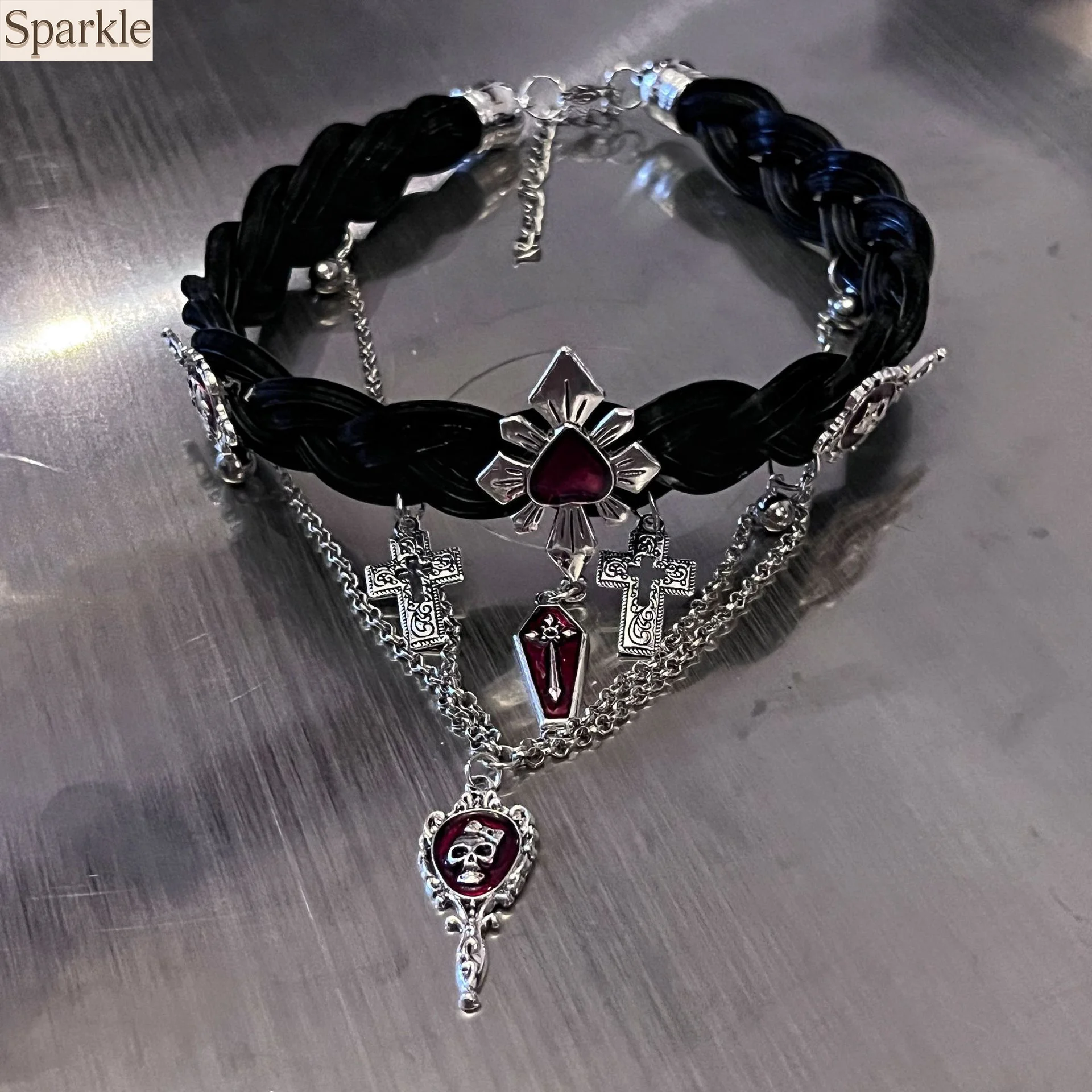 

Y2K Punk Multi-layered Leather Choker Necklace Cross Skull Plaque Vampire Coffin Pendants Chain Gothic Neck Jewelry Accessory