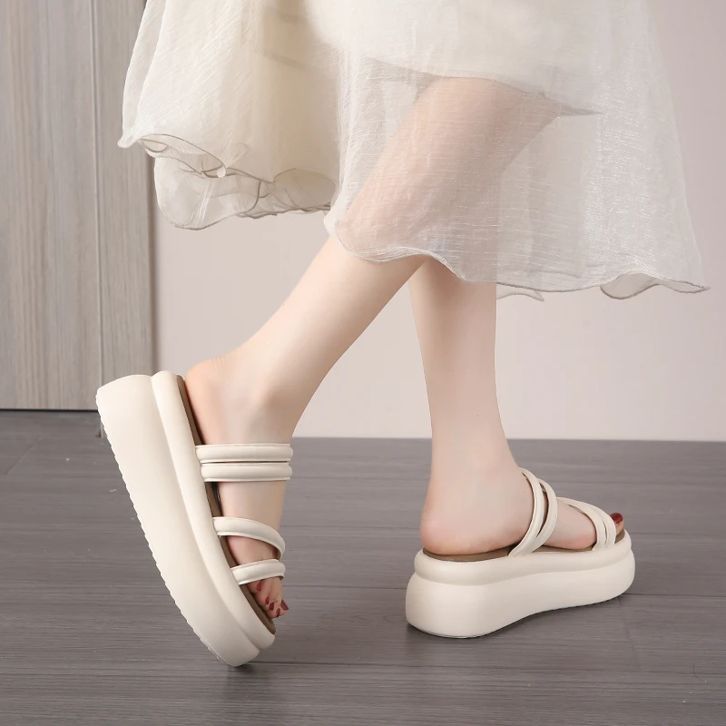 Vrouwen 7.5Cm Hoge Platform Sandalen Wig Holle Muilezels Schoenen Casual Chunky Gladiator Sandalen Vrouw Zomer Lederen Strand Slippers