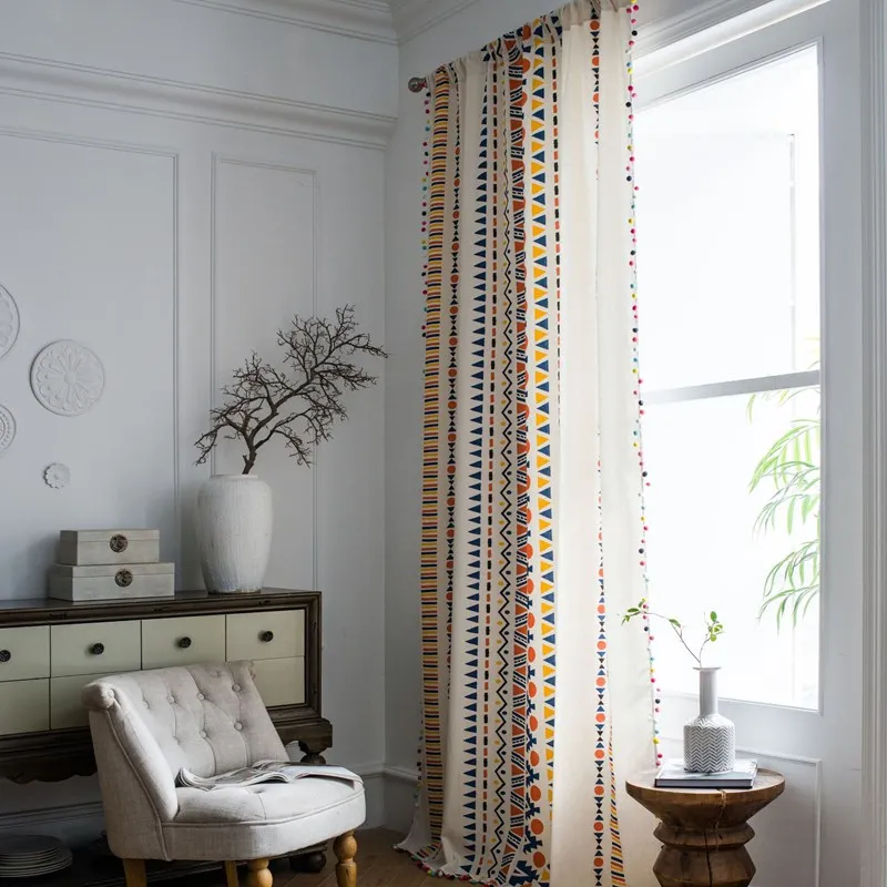 American Cotton Linen Window Curtain Printing Colorful Geometry with Tassel Blackout Valance Bedroom Luxury Living Room Curtains