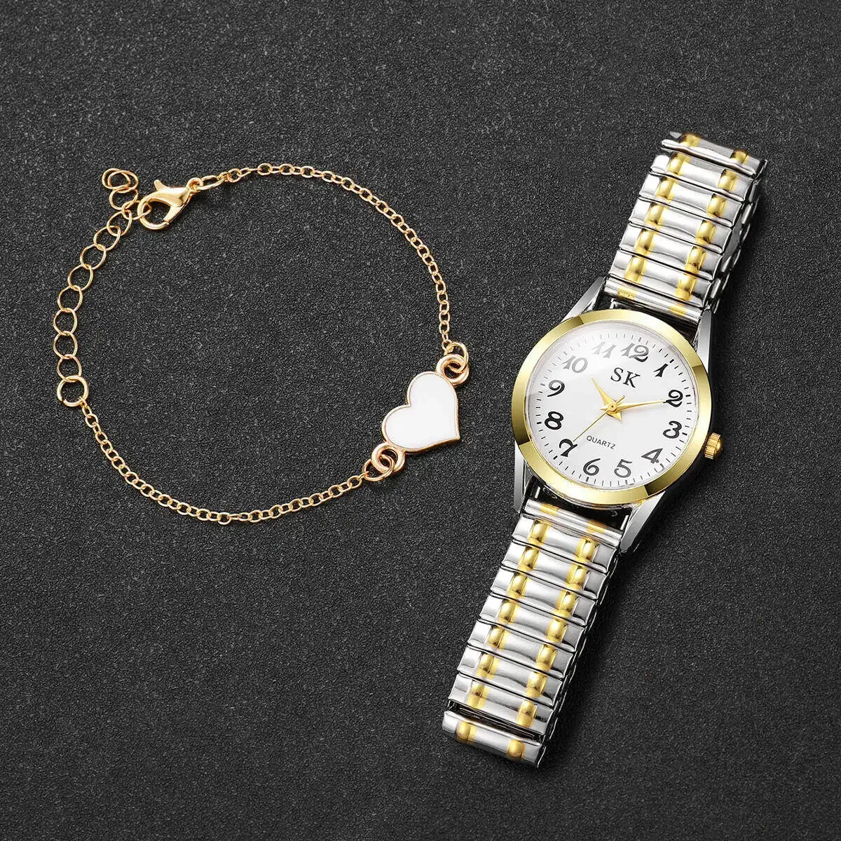 2個/セット ファッション アラビア文字盤 レディース腕時計 エラスティックバンド レディース クォーツ腕時計 ハートブレスレットセット Reloj Mujer（箱なし）