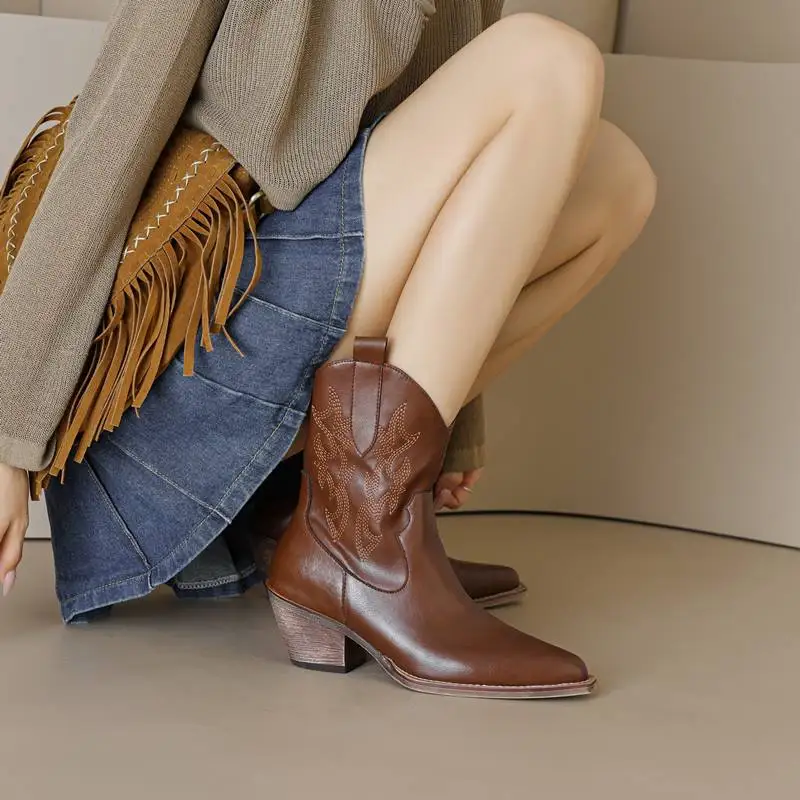 

Asumer Size 34-43 New Ankle Boots For Women Pointed Toe Genuine Leather Western Boots Handmade Autumn Winter Cowboy Boots