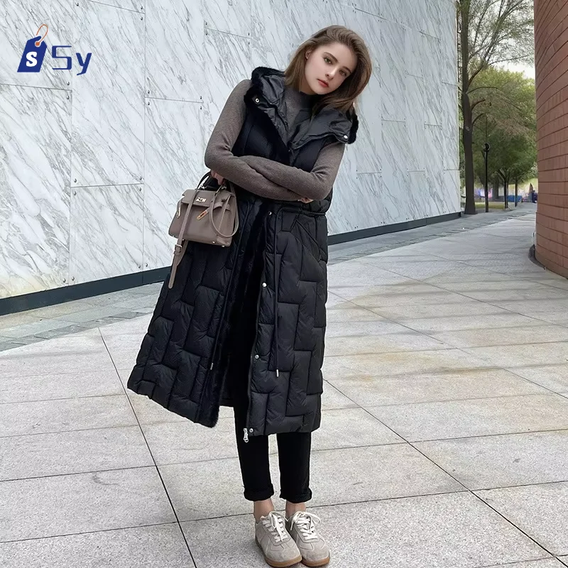 Sy 2024 Autumn Winter New Hooded Down Cotton Jacket Women's Waistcoat Waist Length Over The Knee Fashion Thickened Vest To Wear