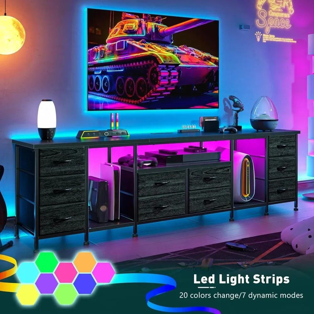 Cômoda de suporte de TV de 85 "para TV de 75 80 85 polegadas 75.5" W Suporte de TV para quarto com LED e tomadas de energia e 10 gavetas