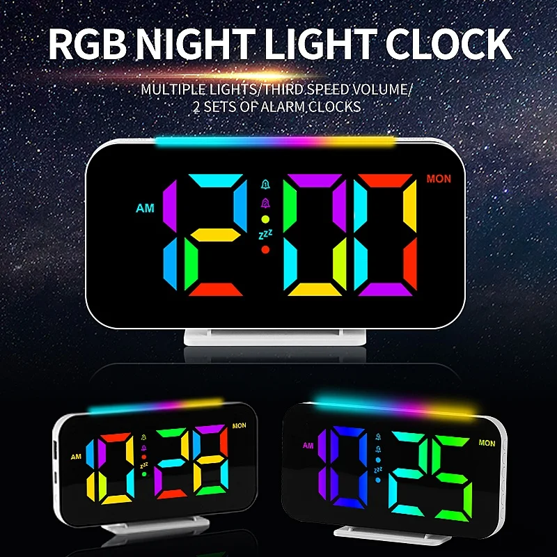 다이나믹 RGB 디지털 알람 시계, 시간 주 RGB 무드 라이트 2 알람 스누즈 테이블 시계, 12 시간 24 시간 전원 끄기 메모리, USB 출력 LED 시계 