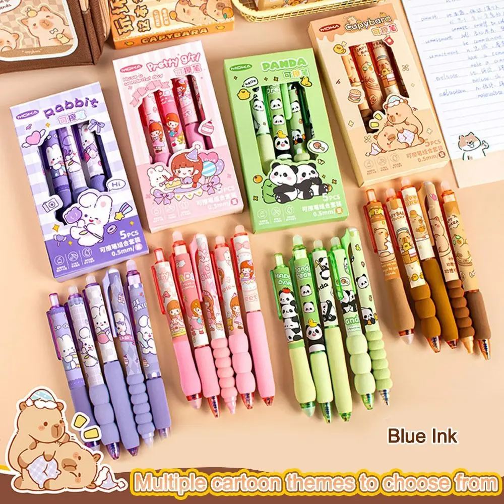 5PCS/Set Cartoon 0.5mm Blue Ink Erasable Pen Capibara Panda Rabbit Quick Drying Gel Pen Soft Grip Ballpoint Pen Writing Tool