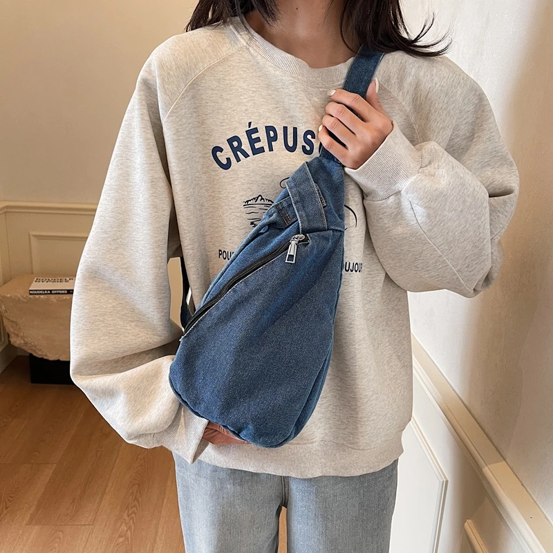 Denim Solid New Fashion Chest Bags Zipper Casual Women's Bags 2025 Hot Sale Sewing Thread Versatile Waist Packs Pacote De Peito