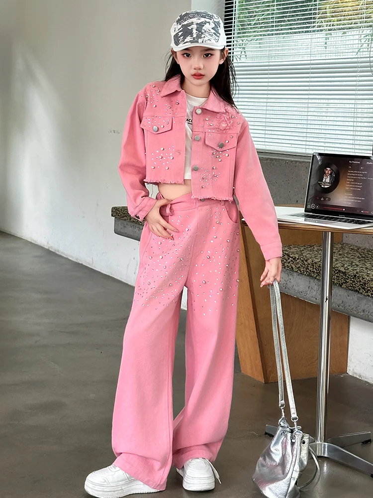

Girls Casual Denim Two-Piece Set Fall Faion Trend Korean Sle Little Girl Outfit Long Sve Cotton Pants Long Trousers