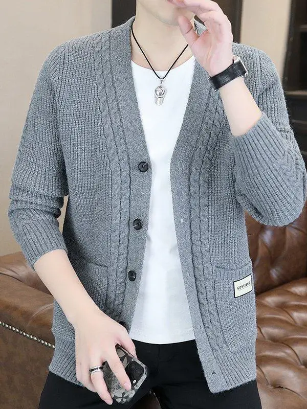 

Мужской повседневный вязаный кардиган с V-образным вырезом и длинными рукавами, молодежный, простой, модный, из полиэфирного волокна, для весеннего сезона