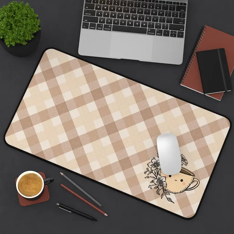 Checkered Coffee Desk Mat,cute Gaming Mousepad,floral Desk Accessories,Japanese-style Blotting Paper for Desktops,gift for Otaku