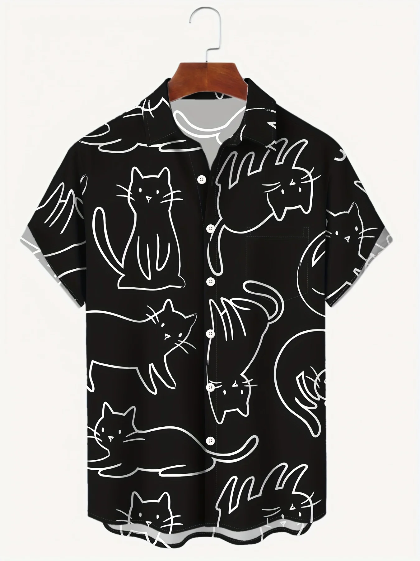 Camisa estampada de gato masculina, camisa casual de manga curta com lapela, atividades ao ar livre de verão