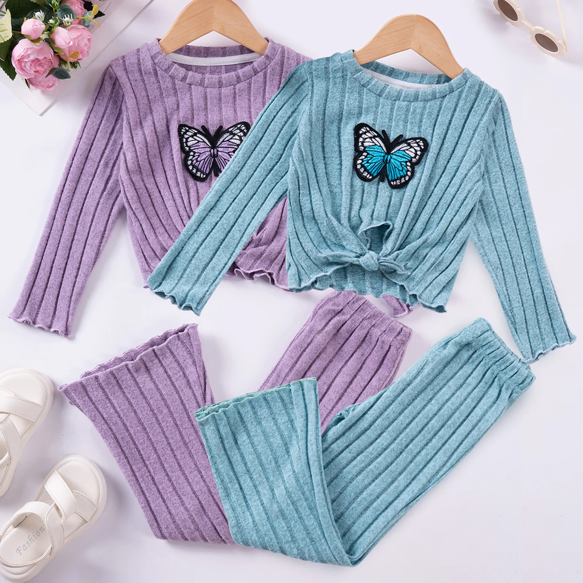 Baby Girl Autumn/Winter Set Cartoon Butterfly Sticker Solid Color Long Sleeves+Tight Fit 2 Piece Set,Suitable for Daily or Party