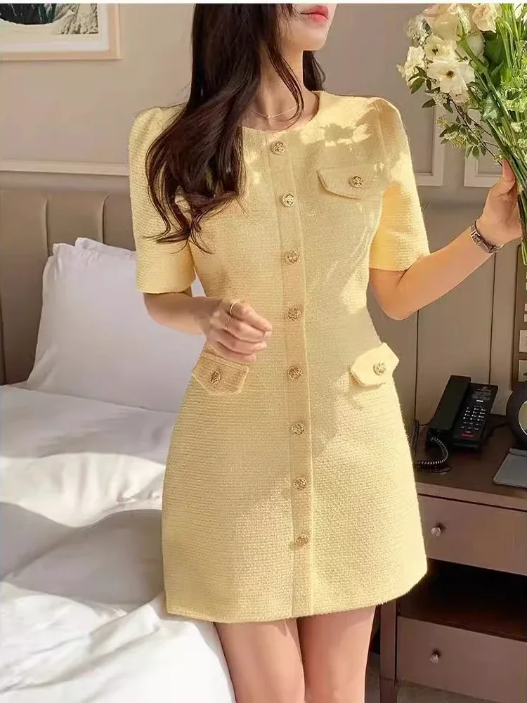 Verão novo coreano elegante tweed vestido feminino pequena fragrância manga curta único breasted mini vestidos de alta qualidade