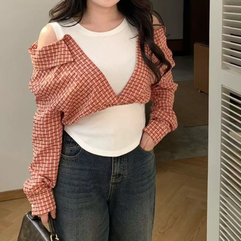 

Women's Clothing Niche Design Sense Fake Two-piece Plaid Shirt Splicing Contrasting Color Sweet and Spicy Off-the-shoulder Top