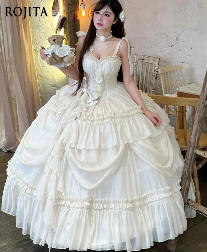 Cream White Sweet Lolita JSK 3D Floral Appliqué Corset Lace-Up Multi-Layer Ruffle Drape Voluminous Floor Length Princess Dress view 3