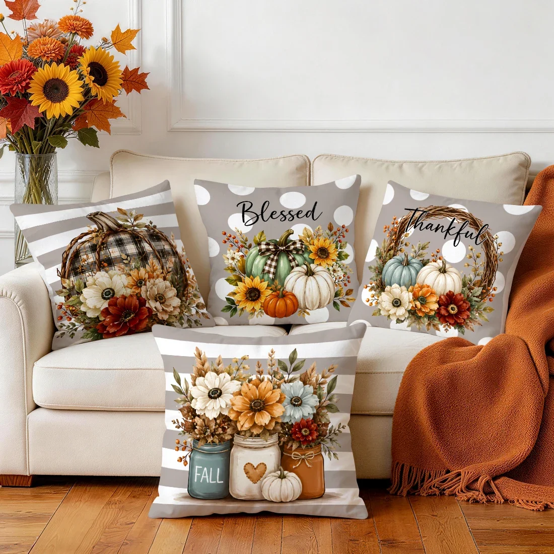 Autumn Pumpkin Flower Basket Cushions Pillowcase Polyester Cushion Cover Throw Pillow Pillowcover Home Car Sofa Decor