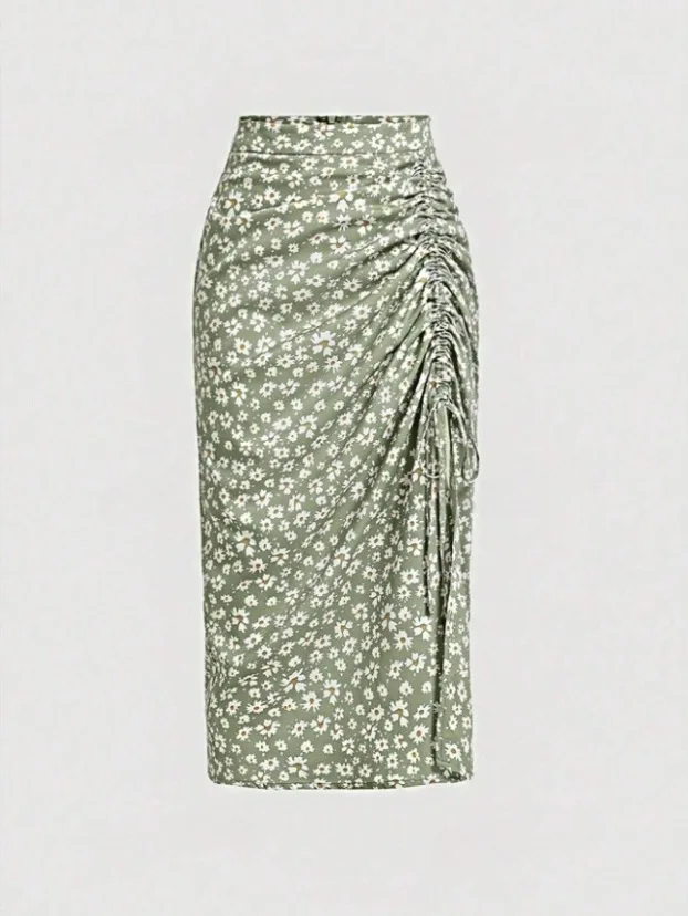 Faion dames sexy strakke split heupwikkelrok bedrukt polyestervezel midden taille woon-werkverkeer sle met H-ape halflange lengte