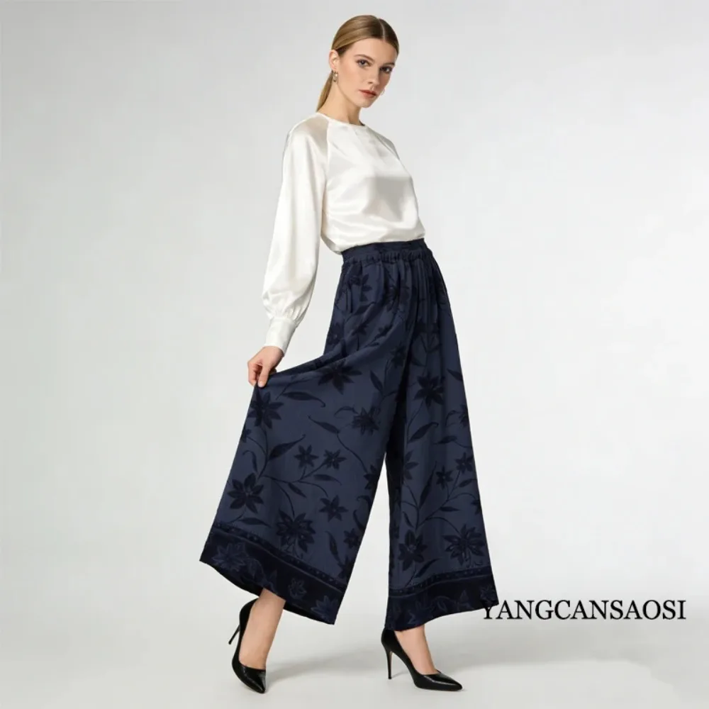 100% Mulberry Silk Trousers, Women's Bark Wrinkled Navy Blue Large Flower Pants, Elastic Waist Double Pockets, 2026 Spring New