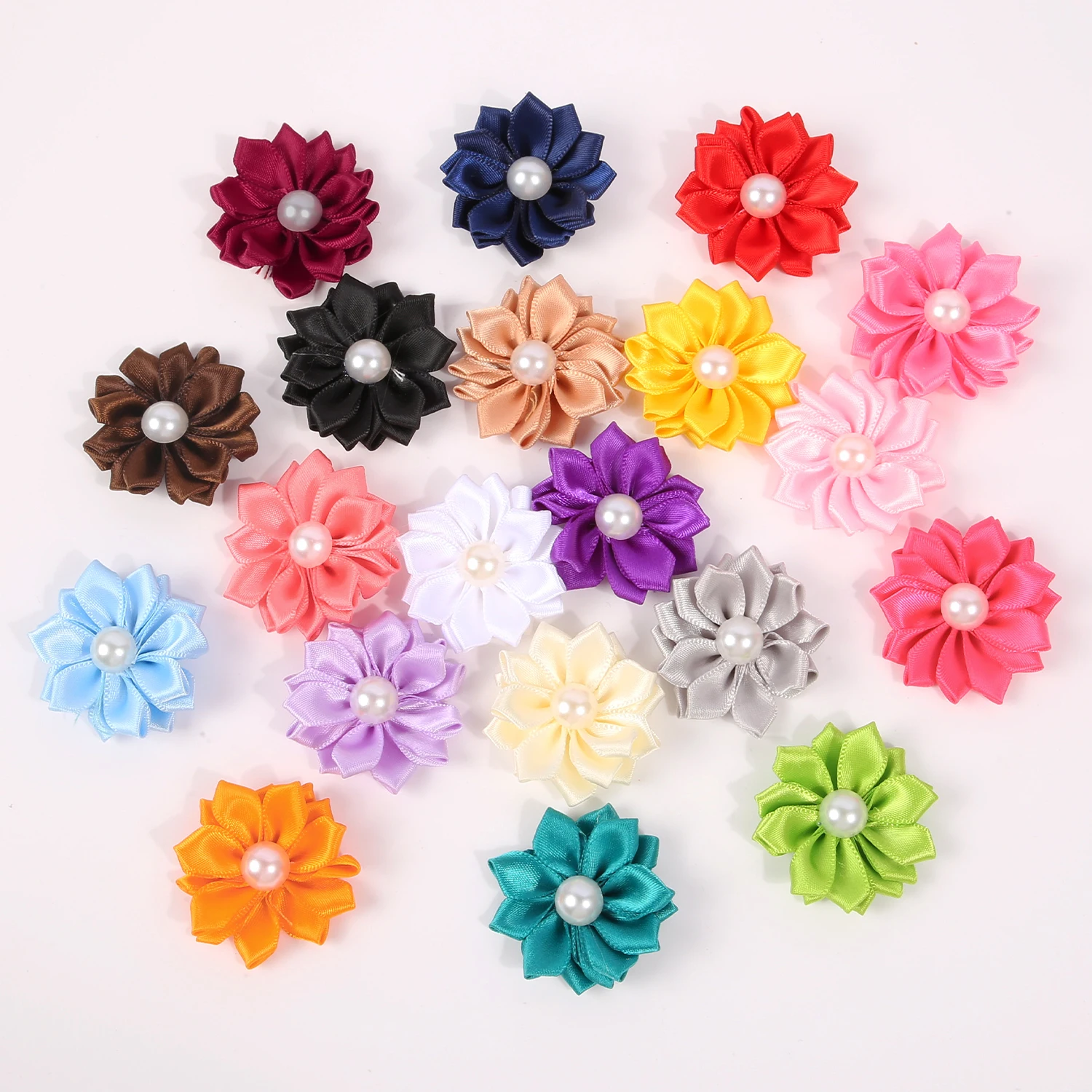 20pcs Satin Pearl Multi Angled Flower Accessories For DIY Clips Clothing Shoes Bag Brooch Gift Bag Decor Accessories