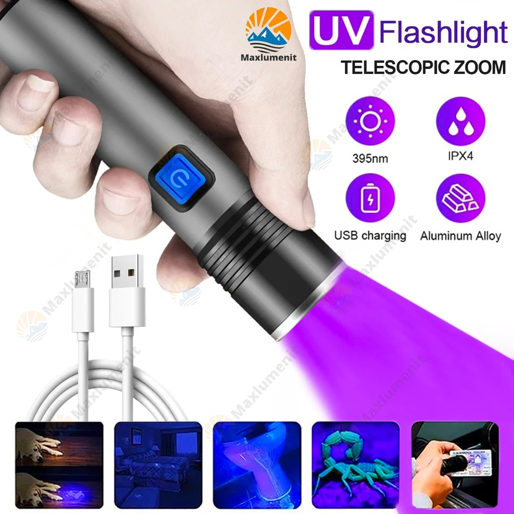 

UV Flashlight Rechargeable LED 18650 Battery Ultraviolet Torch Zoomable Mini 395nm Black Light Pet Urine Stains Detector Hunting