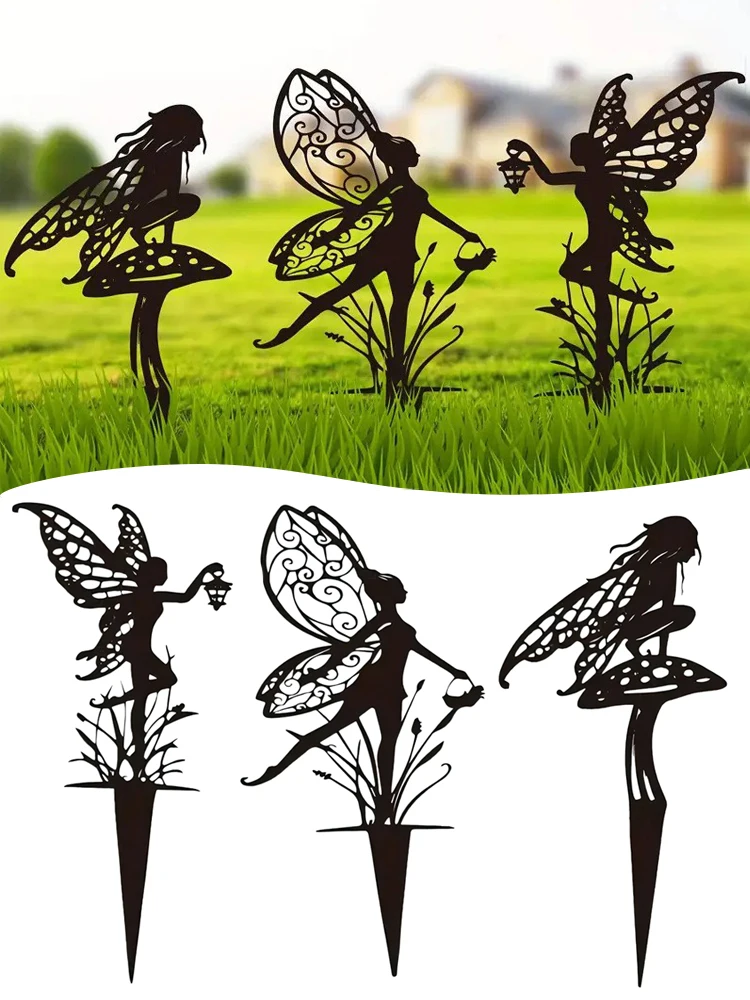 1pc Metall Fee Vogel Karte Einfügung Garten Dekor für außerhalb dekorative Garten Pfähle schwarz Outdoor Dekor Hof Kunst