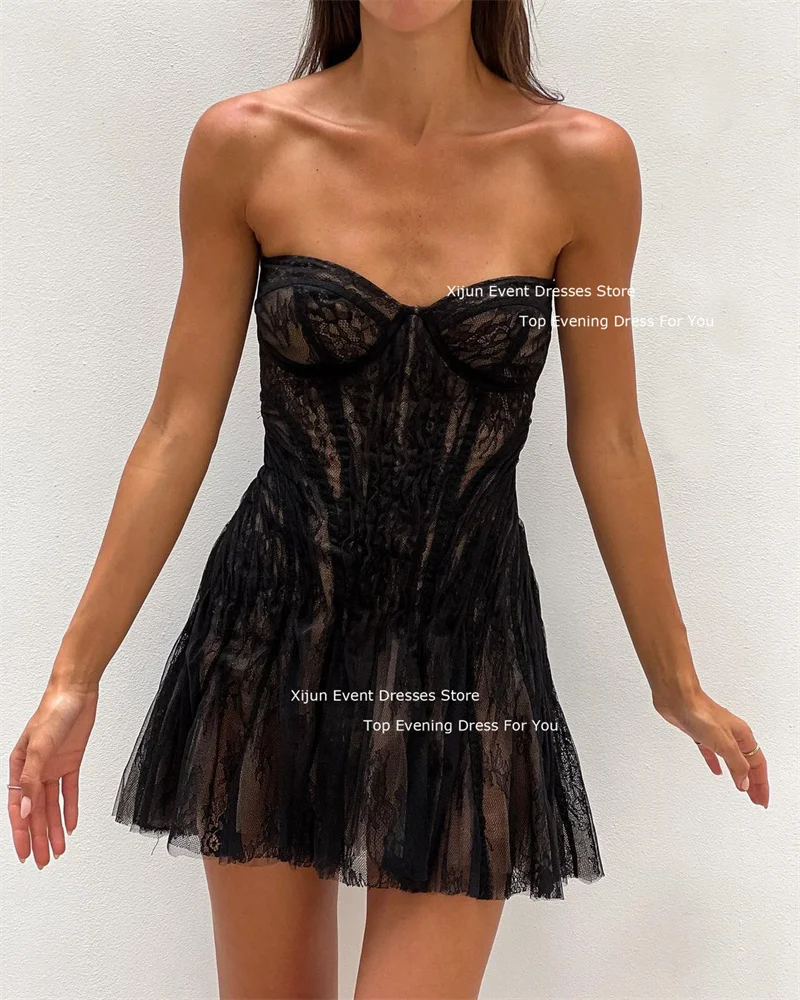 Xijun Black Modern Mini Party Dresses 2024 Short Lace Appliques Strapless Sleevele Prom Dresses Robes De Soirée Special Occasion